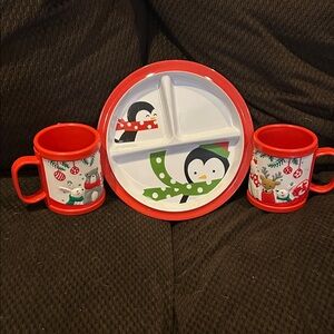 Bass Pro Shops Red and White mugs with Penguin plate Dinnerware Set: plastic